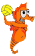 Drawing of an orange sea horse throwng a water polo ball with a link to the Blackpool Aquatics Water Polo website.