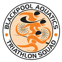 Blackpool Aquatics Triathlon Squad logo, a drawing of a cyclist, runner and swimmer in orange